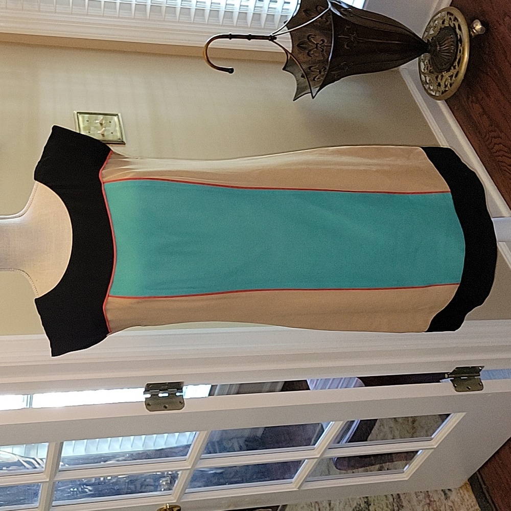 eci New York black tan aqua orange colorblock silk dress sleeveless lined 4 …EUC